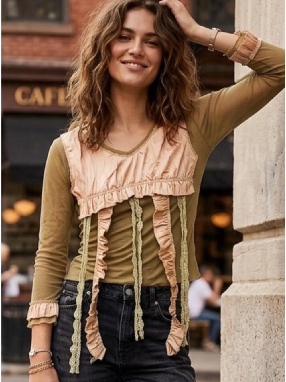 Vintage Y2K Hazel Boho Mesh Blouse with Dangling Lace and Ruffles